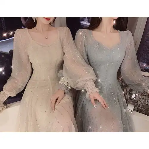 连衣裙女2020春秋装新品森系气质超仙显瘦烫金纱裙中长款两件套
