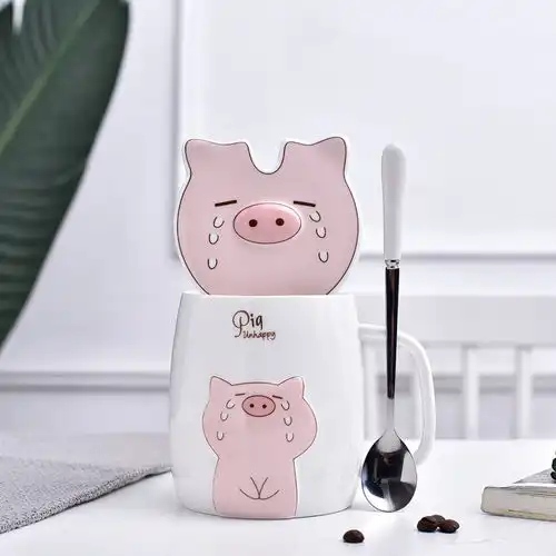 创意小猪马克杯粉色少女心卡通陶瓷杯子情侣水杯咖啡杯带盖勺水杯
