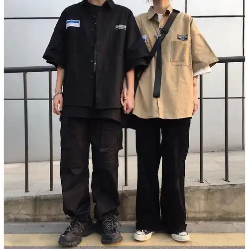 夏季新款韩版ins原宿风复古工装短袖衬衫学生情侣装宽松休闲衬衣
